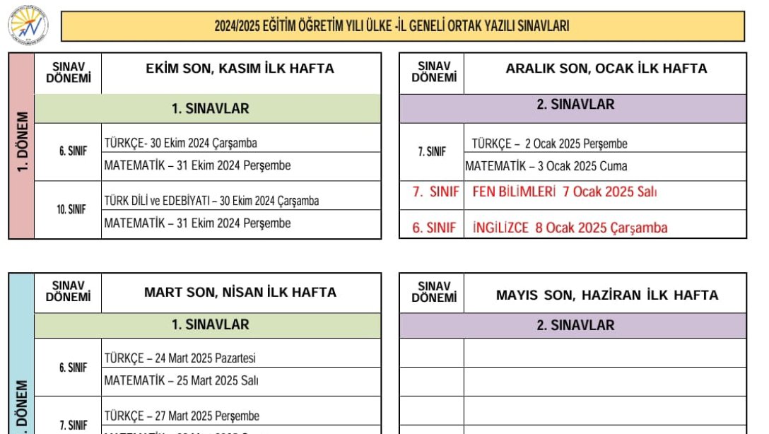 İL GENELİ ORTAK SINAV TARİHLERİ GÜNCELLENDİ